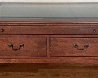 Vintage Cherry Wood Beveled Glass Top Display Coffee Table With Key And Double Sided Drawers