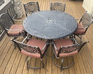 Black Wrought Iron 5ft Round Table With 6 Matching Chairs With Cushions Includes Umbrella, Base, And Cover