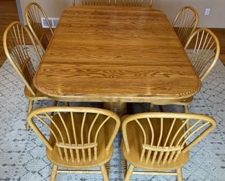 Solid Oak Double Pedestal Table With 8  Spindle Back Chairs