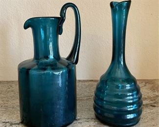  Vintage Handblown Blue Art Glass Pitcher And Vase