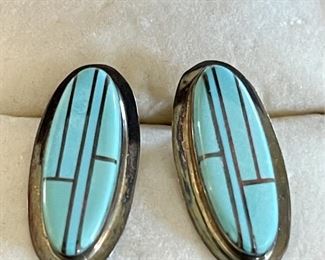 Sterling Silver Yvonne Yazzie Native American Turquoise Inlay Earrings 