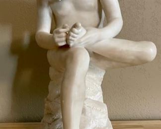 Large Alabaster Sculpture "Boy With Thorn" Also Known As Spinario