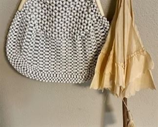 Vintage Celluloid Frame And Wood Bead Purse With Antique Silk Umbrella With Bamboo Handle