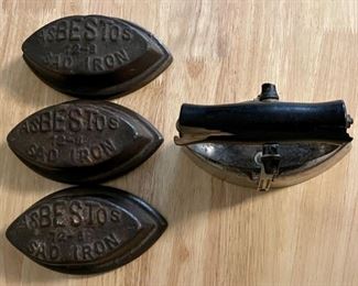 (3) Asbestos Sad Irons With Metal Cover Wood Handle