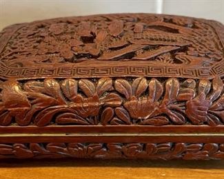 Antique Hand Carved Cinnabar Box With Laquer Interior