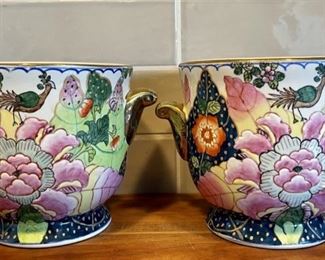 (2) Small Ceramic Colorful Asian Urns With Gold Handles