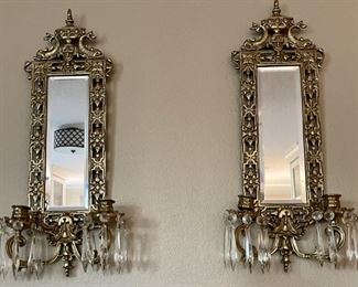 (2) Antique Ornate Brass Mirrored Wall Candle Sconce With Crystal Prisms - Glo-Mar Artworks