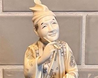 Antique Japanese Carved Ivory Okimono Figure Of Man In Standing Pose With Pipe And Axe 