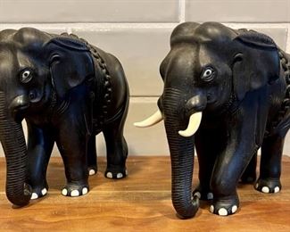 (2) Antique Ebony Wood Hand Carved Elephant With Ivory Tusks And Toes