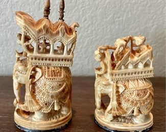 2 Vintage Detailed Hand Carved Ivory Elephants With Carts And Riders 