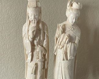 Antique Ivory Hand Carved Emperor Stroking Beard With Sword & Empress Holding Scepter W Tassels Figurines 16" 