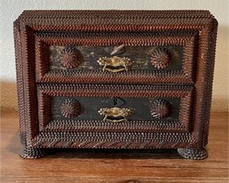 Folk Art Antique 19th Century French Tramp Art Box With Drawers & Brass Hardware  Includes Key And Lock