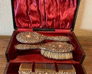 Antique Joseph Gloster Sterling Silver Repousse (2) Brushes And Comb With Satin Lined Case Signed 