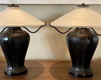 Pair Of Dark Bronze Tone Metal Frosted Shade 3 Way Table Lamps