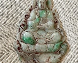 Vintage Carved Bi Color Jade Panel Depicting Buddha & Koi Fish 
