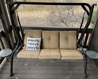 Dark Brown Metal 3-Seat Porch Swing With Cushions And Side Tables (Attached)
