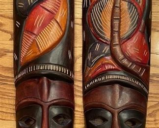 (2) Hand-Carved Hand-Painted Wood Tribal Mask Wall Art