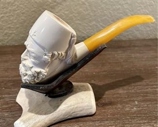 First Quality Genuine Block Meershaum Hand Carved Head Pipe With Bone & Leather Stand Made In Turkey