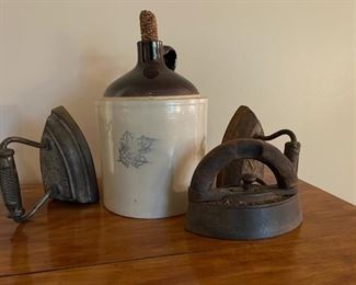 Vintage Stoneware Crock, Antique Hand Irons, Antique Sad Irons