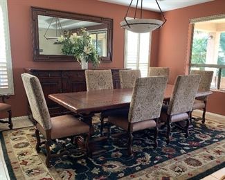 Stunning Dining Table w/ 8 Chairs, Oversized Sideboard, Mirror, Floral Arrangement, Area Rug w Pad