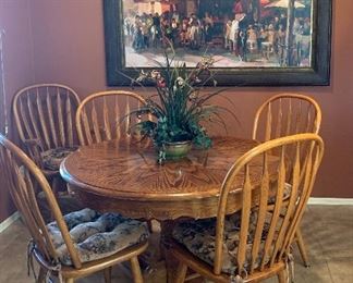 Round Oak Kitchen Table w Windsor Chairs, Art