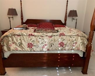 Lexington 4 Poster King Bed, Dresser and 2 Nightstands, Table Lamps pair, Bedding, Art