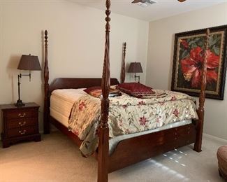 Lexington 4 Poster King Bed, Dresser and 2 Nightstands, Table Lamps pair, Bedding, Art