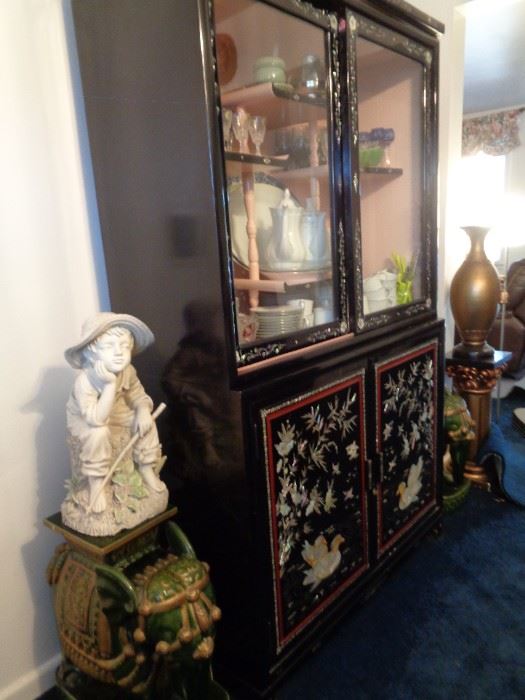 Asian Chinoiserie China Cabinet with Mother or Pearl Inlay