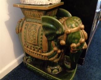 vintage deep emerald green glazed ceramic elephant garden stools, one of two