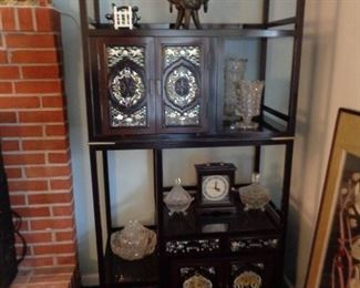 Asian Chinoiserie black lacquer with Mother of Pearl inlay etagere, one of two different styles, 68 1/2" tall x 17" deep x 32" wide