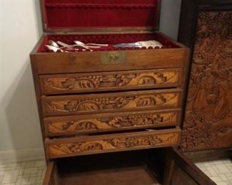 Asian carved cutlery cabinet, 14" deep x 22" wide x 32" tall, top compartment and 4 drawers felt lined with 18 slots