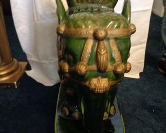 vintage emerald green glazed ceramic elephant garden stool, one of two