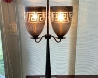 Stifel Parzinger Style 1950s Hollywood Regency Lamp. Two Hurricane Lamp Shades. Works great! 