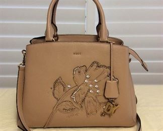 Afm009 Dkny Brown Leather Bling Floral Bag New