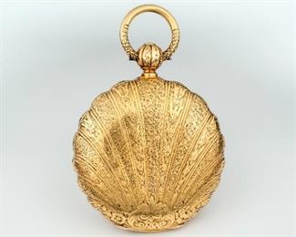 Lovely E. Howard men's pocket watch in 18K gold case. Porcelain dial is marked E. Howard & Co., Boston in delicate script. 18K gold case has scalloped edges and delicate design. Back of movement is marked E. Howard & Co. in script. Total weight including movement is 96.7 dwt. Personalized engraving on inner back cover reads Orlando M. Poe, 1832-1895. Hallmarked 18K and with manufacturers mark. Key-wind movement, running condition undetermined but is running at time of listing.
