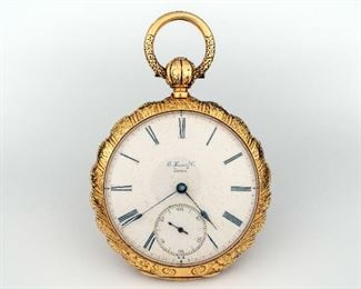 Lovely E. Howard men's pocket watch in 18K gold case. Porcelain dial is marked E. Howard & Co., Boston in delicate script. 18K gold case has scalloped edges and delicate design. Back of movement is marked E. Howard & Co. in script. Total weight including movement is 96.7 dwt. Personalized engraving on inner back cover reads Orlando M. Poe, 1832-1895. Hallmarked 18K and with manufacturers mark. Key-wind movement, running condition undetermined but is running at time of listing.

