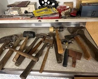 Vintage ball peen hammers and others. Also some hatchets. 