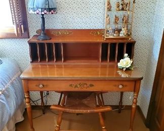 Wooden Harvest secretary's desk with drawer and cut glass top