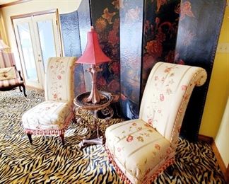 Lillian August high back chairs. Priced separately. Exquisite hand-painted six panel room divider. Castilian Imports side table and lamp all priced individually