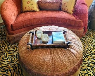 Drexel Heritage tuffted ottoman and Drexel Heritage kidney-shaped crushed velvet sofa. Priced separately