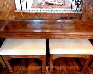 Drexel Heritage side table with two matching bench seats. Sold as set