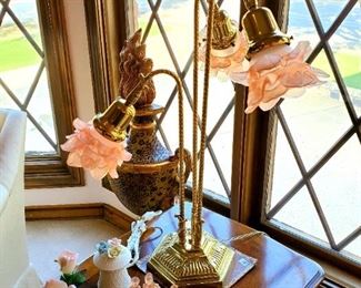 3 arm French Vianne glass flower petal brass lamp