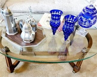 Wood and glass Drexel Heritage Coffee Table 5 piece Gorham pewter tea and coffee set etched Blue Glass