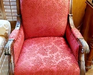 Upholstered armchair. Wood has significant scratching