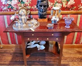 Pewter platter and Woodbury pewter items. All priced individually. Abraham Lincoln head.