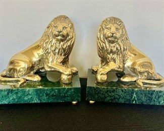 Gold tone, Bronze Lion on Marble, Bookends.