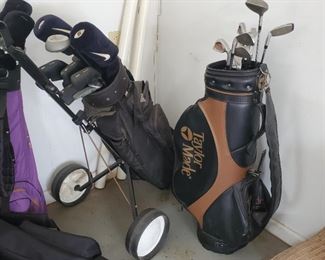 Golf Clubs and Push Cart