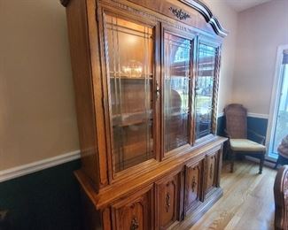 Vintage Lighted China Cabinet with Brass Details 