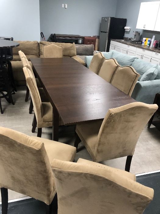 Dining Table with 10 Microfiber Chairs
BARELY USED !!  $1100
Shown with 2 leaves in it 
(102” x 37.5”)
(17” leaves each)
