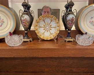 Meissen bowl w/ cut glass bowls and French urns w/ ormalou